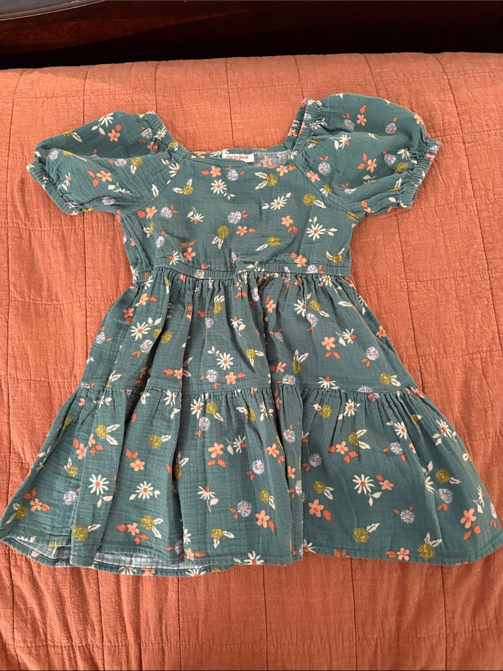 Cat & Jack Teal Floral Puff Sleeve Tiered Dress